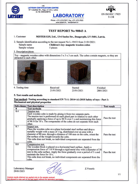EN 71.1 Safety toys test results. Magnets are safety hidden inside wooden blocks.